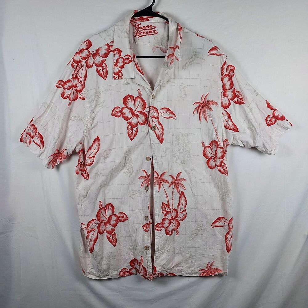 Tommy Bahama Men’s XL Hawaiian Shirt Red Hibiscus Palm Print White Rayon Casual